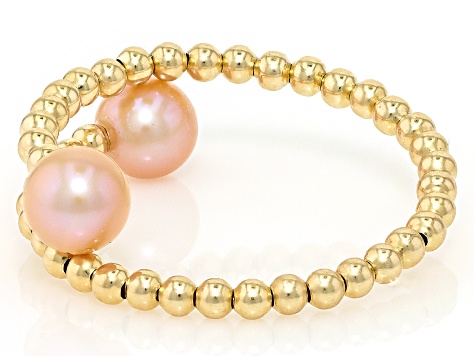 Pink Cultured Freshwater Pearl 14k Yellow Gold Adjustable Bypass Ring with Memory Wire
