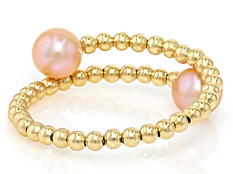Pink Cultured Freshwater Pearl 14k Yellow Gold Adjustable Bypass Ring with Memory Wire