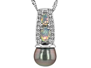 Cultured Tahitian Pearl with Ethiopian Opal & White Zircon Rhodium Over Sterling Silver Pendant