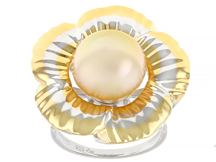 【美品】poda gold ring 17号 水晶 silver925 Golden Cultured South Sea Pearl Rhodium And 18k Yellow Gold Over