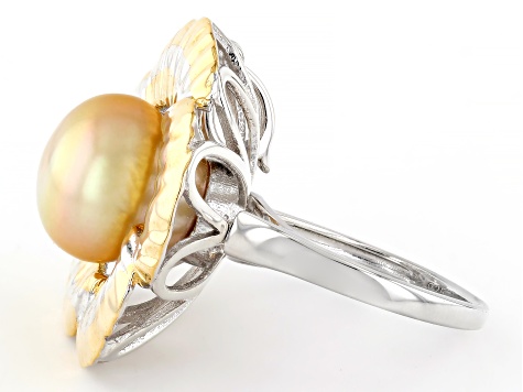 Modern Pearl & Emerald high quality Open Ring in Gold Plated Sterling Silver