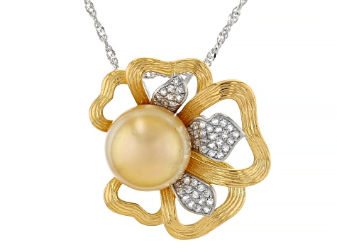 11mm Golden Cultured South Sea Pearl with Topaz Rhodium & 18k Yellow Gold Over Silver Pendant