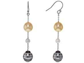 Cultured Japanese Akoya, South Sea, and Tahitian Pearl Rhodium Over Sterling Silver Earrings