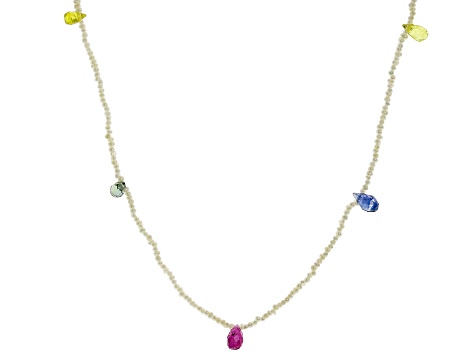 White Cultured Seed Pearls With Multi Color Sapphire 18k Yellow Gold Necklace