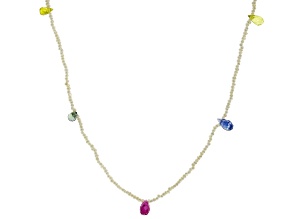 White Cultured Seed Pearls With Multi Color Sapphire 18k Yellow Gold Necklace