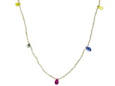 White Cultured Seed Pearls With Multi Color Sapphire 18k Yellow Gold Necklace