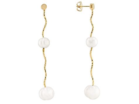 White Cultured Freshwater Pearl 18k Yellow Gold Over Sterling Silver Earrings