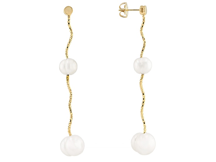 White Cultured Freshwater Pearl 18k Yellow Gold Over Sterling Silver Earrings
