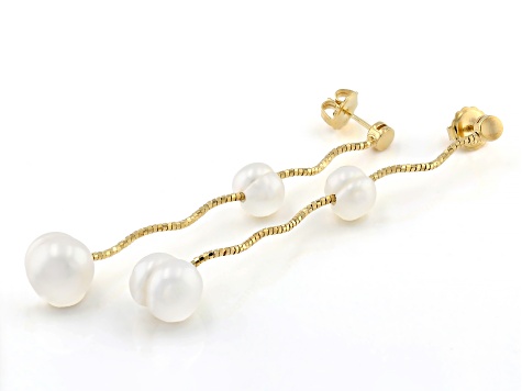 White Cultured Freshwater Pearl 18k Yellow Gold Over Sterling Silver Earrings