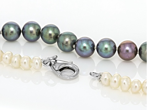 Peacock And White Cultured Freshwater Pearl Rhodium Over Sterling Silver Necklace