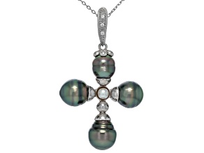 Cultured Tahitian Pearl, Cultured Akoya Pearl With Sapphire Rhodium Over Sterling Silver Enhancer