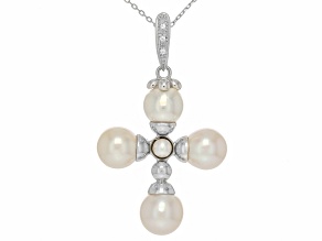 White Cultured Akoya Pearl With White Sapphire Rhodium Over Sterling Silver Enhancer