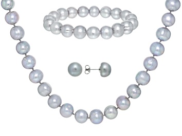 Picture of Platinum Cultured Freshwater Pearl Rhodium Over Sterling Silver Necklace Bracelet & Earring Set