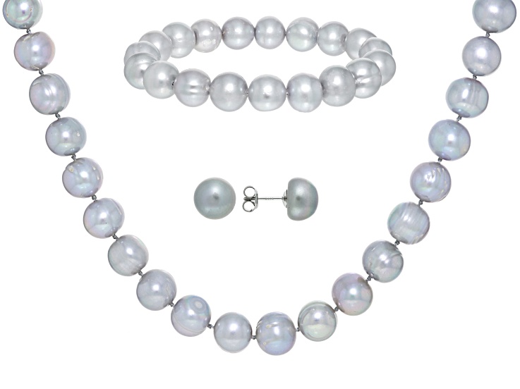 Platinum Cultured Freshwater Pearl Rhodium Over Sterling Silver Necklace Bracelet & Earring Set