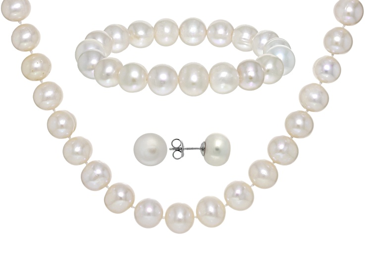 White Cultured Freshwater Pearl Rhodium Over Sterling Silver Necklace Bracelet & Earring Set