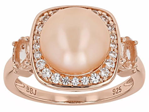 Peach Cultured Freshwater Pearl With Morganite and Zircon 18k Rose Gold Over Sterling Silver Ring