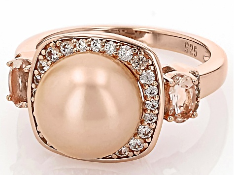 Peach Cultured Freshwater Pearl With Morganite and Zircon 18k Rose Gold Over Sterling Silver Ring