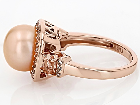 Peach Cultured Freshwater Pearl With Morganite and Zircon 18k Rose Gold Over Sterling Silver Ring