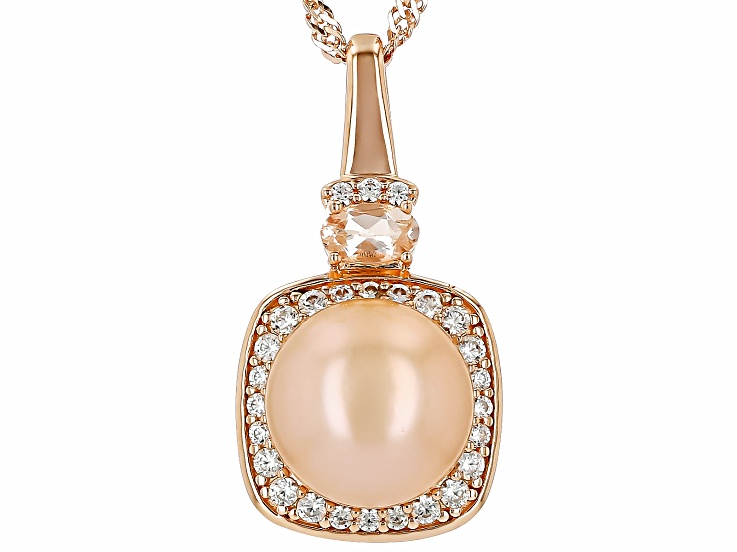 Peach Cultured Freshwater Pearl Morganite & Zircon 18k Rose Gold Over Silver Pendant With Chain