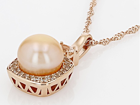 Peach Cultured Freshwater Pearl Morganite & Zircon 18k Rose Gold Over Silver Pendant With Chain