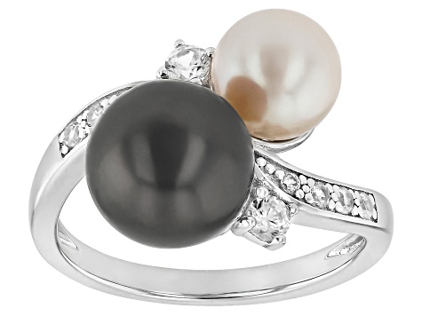Cultured Tahitian Pearl with Japanese Cultured Akoya Pearl With Zircon Rhodium Over Silver Ring