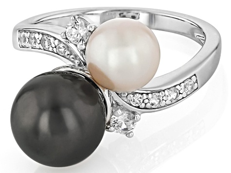 Cultured Tahitian Pearl with Japanese Cultured Akoya Pearl With Zircon Rhodium Over Silver Ring