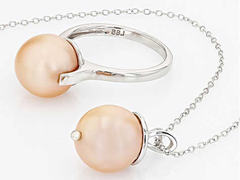 Peach Cultured Freshwater Pearl Rhodium Over Sterling Silver Ring