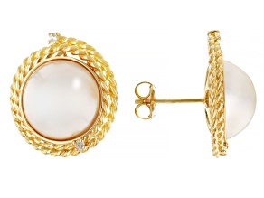 White Cultured South Sea Mabe Pearl 18k Yellow Gold Over Sterling Silver Earrings