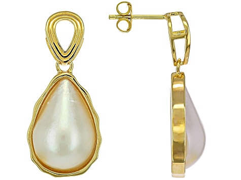 White Cultured South Sea Mabe Pearl 18k Yellow Gold Over Sterling Silver Earrings