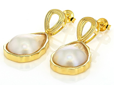 White Cultured South Sea Mabe Pearl 18k Yellow Gold Over Sterling Silver Earrings