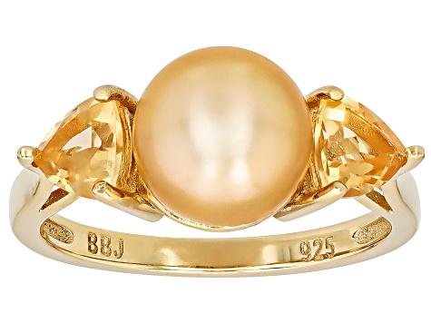 Golden Cultured South Sea Pearl With Citrine 18k Yellow Gold Over Sterling Silver Ring