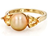 Golden Cultured South Sea Pearl With Citrine 18k Yellow Gold Over Sterling Silver Ring