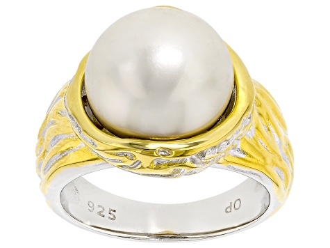 White Cultured Freshwater Pearl 18k Yellow Gold & Rhodium Over Sterling Silver Two-Tone Ring