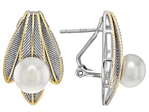 White Cultured Freshwater Pearl 18k Yellow Gold & Rhodium Over Sterling Silver Two-Tone Earrings