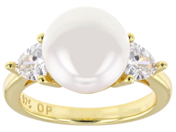 Picture of 10mm White Cultured Freshwater Pearl With Cubic Zirconia 18k Yellow Gold Over Sterling Silver Ring