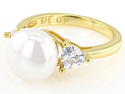 10mm White Cultured Freshwater Pearl 18k Yellow Gold Over Sterling Silver Ring