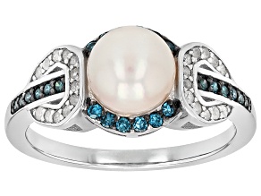 White Cultured Japanese Akoya Pearl With 0.29ctw Blue & White Diamond Rhodium Over Silver Ring