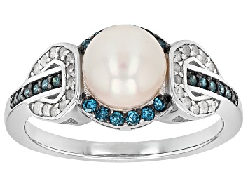 Picture of White Cultured Japanese Akoya Pearl With 0.29ctw Blue & White Diamond Rhodium Over Silver Ring
