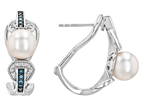 White Cultured Japanese Akoya Pearl With 0.33ctw Blue & White Diamond Rhodium Over Silver Earrings