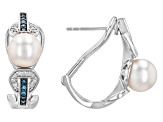 White Cultured Japanese Akoya Pearl With 0.32ctw Blue & White Diamond Rhodium Over Silver Earrings