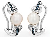 White Cultured Japanese Akoya Pearl With 0.32ctw Blue & White Diamond Rhodium Over Silver Earrings