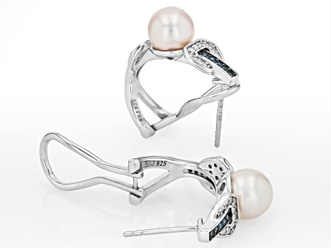 White Cultured Japanese Akoya Pearl With 0.32ctw Blue & White Diamond Rhodium Over Silver Earrings
