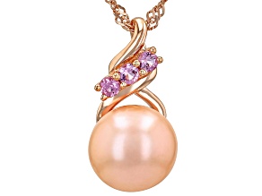 Pink Cultured Freshwater Pearl & Pink Sapphire 18k Rose Gold Over Sterling Silver Pendant With Chain