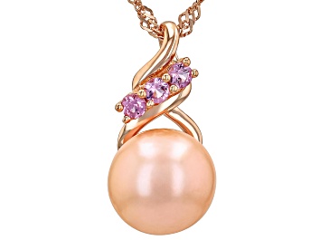 Picture of Pink Cultured Freshwater Pearl & Pink Sapphire 18k Rose Gold Over Sterling Silver Pendant With Chain