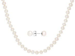 White Cultured Freshwater Pearl Rhodium Over Sterling Silver 18 Inch Necklace and Earring Set