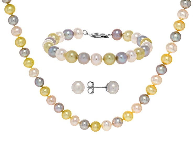 Multi-Color Freshwater Pearl Sterling Silver Necklace Bracelet And