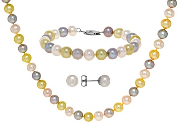 Picture of Multi-Color Freshwater Pearl Sterling Silver Necklace Bracelet And Earring Set