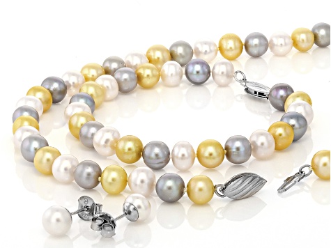 Multi-Color Freshwater Pearl Sterling Silver Necklace Bracelet And