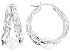 White Cultured Freshwater Pearl Rhodium Over Sterling Silver Earrings