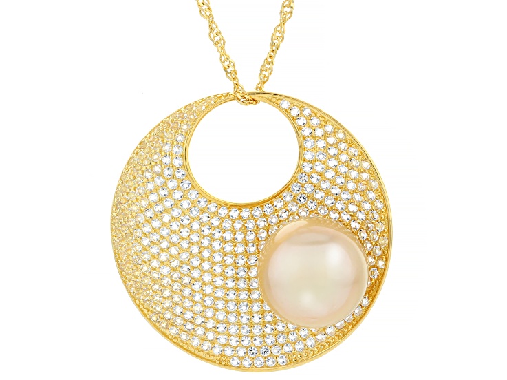 Golden Cultured South Sea Pearl With Topaz 18k Yellow Gold Over Silver Pendant With Chain